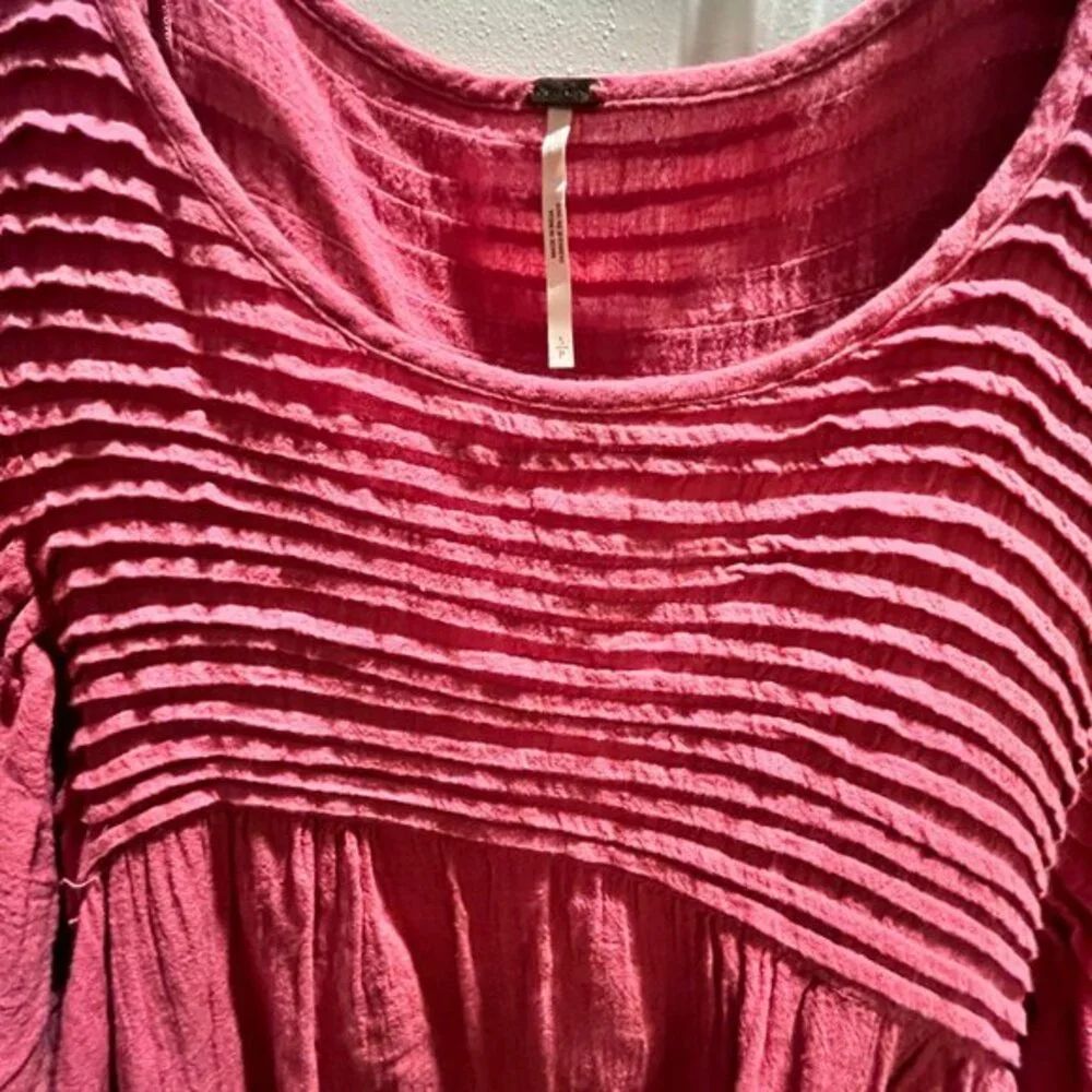 Free People Elsie Mini Dress‎ Pink Cotton Linen Puff Sleeve Babydoll Small